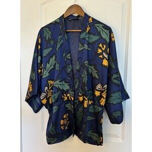 BBWM Woman Kimono Blouse Large Navy Floral Navy Leaf Print Bold Statement Satin